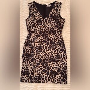Jennifer Lopez Stunning Leopard V-neck Bodycon Lined Midi Dress. Size 12